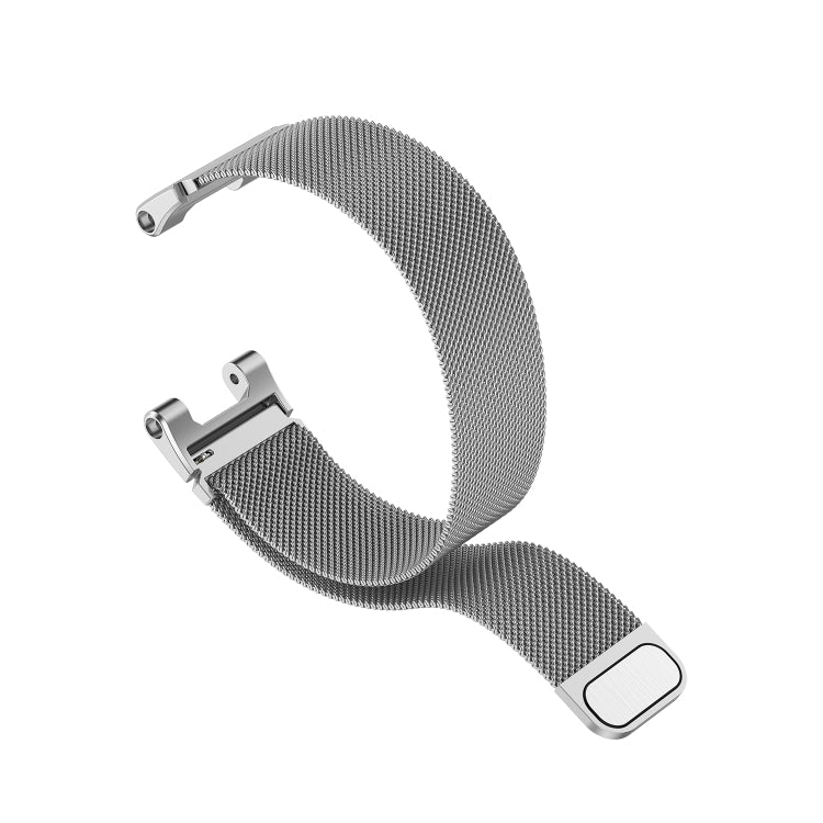 Gray Milan mesh watch strap with clasp and adjustment notch, wristwatch band view