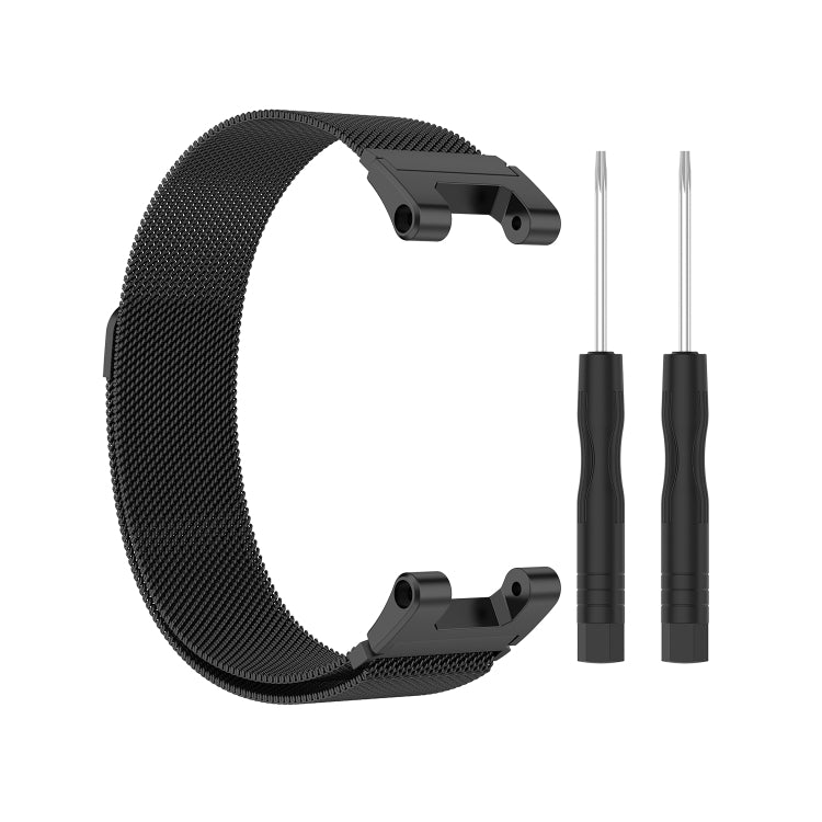 Dark gray Milan mesh watch strap with black clasp and two utility tools