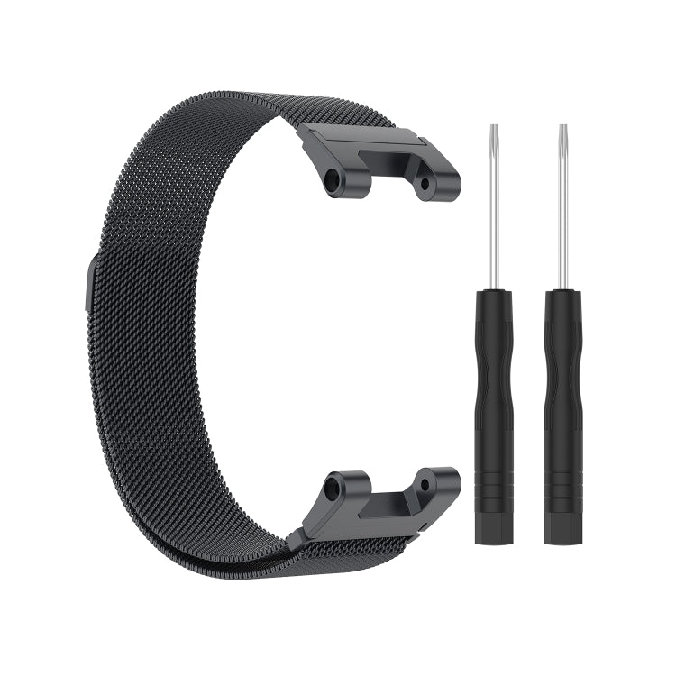 Dark Milan mesh watch strap with dark gray clasp and two utility tools