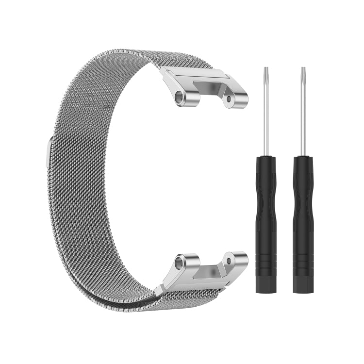 Light gray Milan mesh watch strap with silver clasp and two utility tools