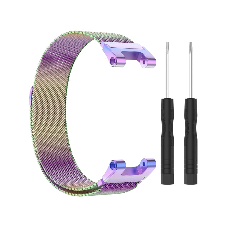 Gradient purple-green Milan mesh watch strap with purple clasp and two utility tools