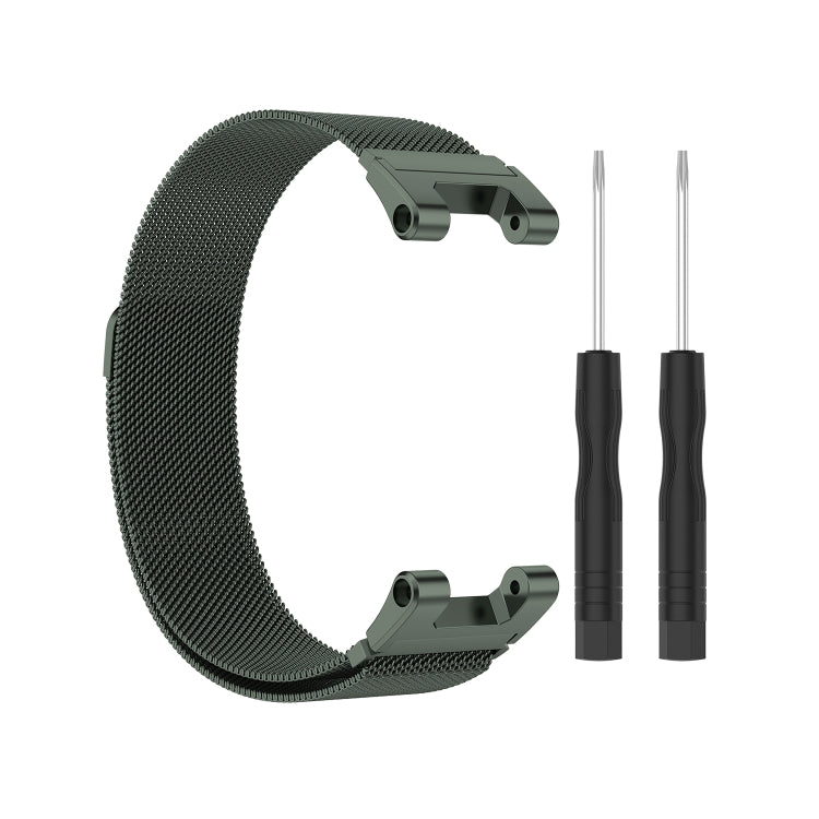 Olive green Milan mesh watch strap with gray-green clasp and two utility tools
