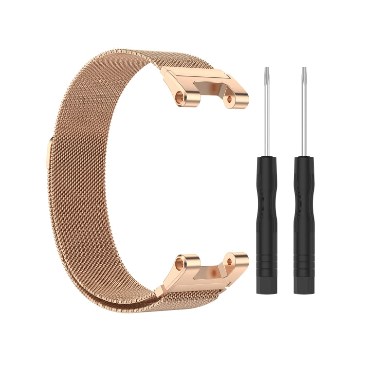Beige mesh replacement smartwatch strap with rose-gold clasp and two fastening tools