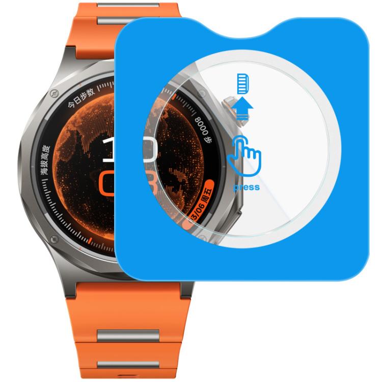 Tempered glass watch film with a self-positioning frame shown over an orange-band watch