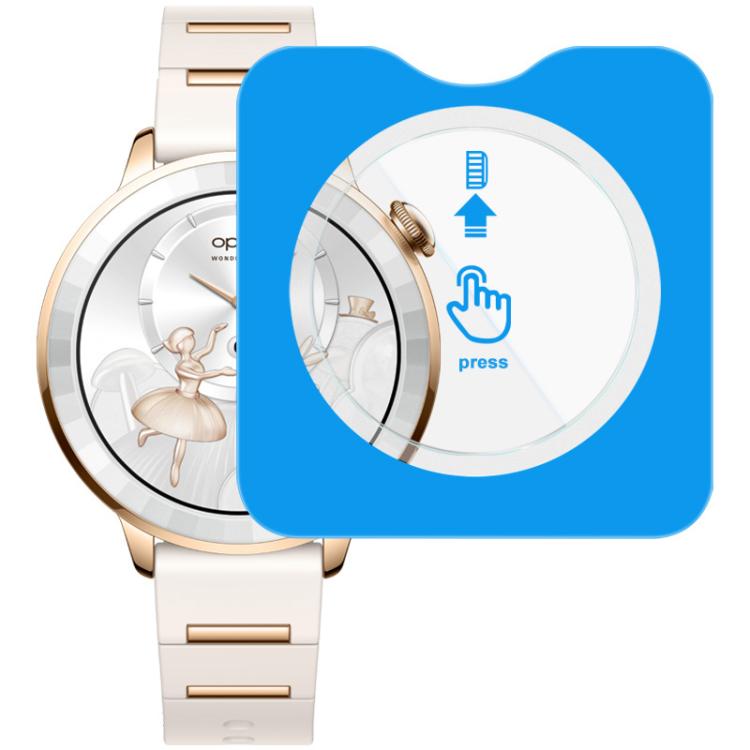Tempered glass watch film with a self-positioning frame shown over a gold-tone watch