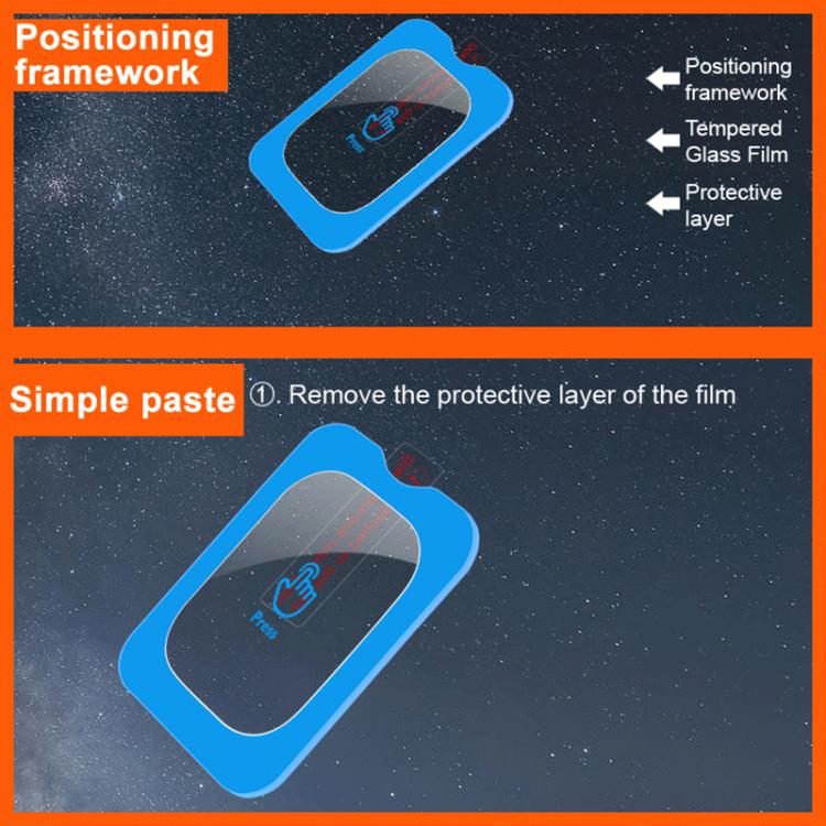 Blue self-positioning frame and clear tempered glass watch film layers