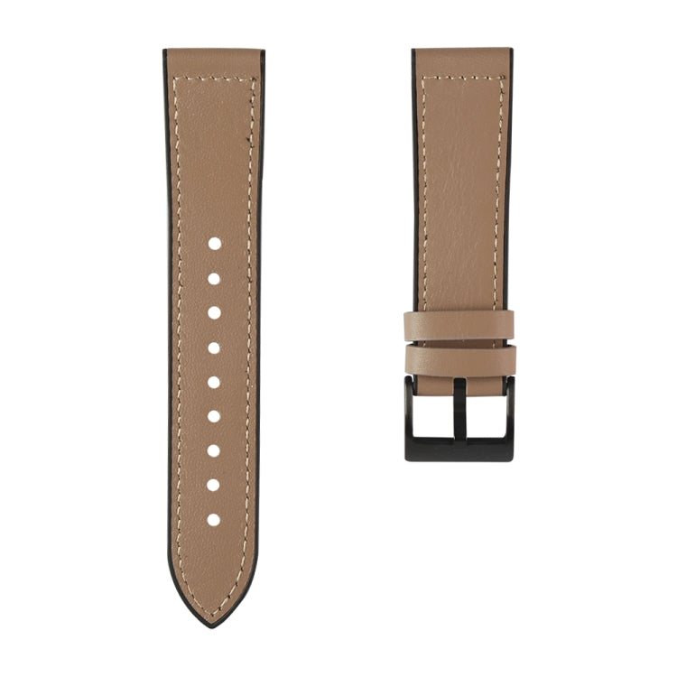 Tan leather-look watchband strap with perforation holes and dark buckle clasp