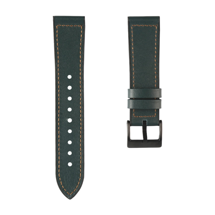 Dark green leather-look watchband strap with perforation holes and dark buckle