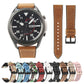 Tan leather-style watchband strap with metal buckle and stitched holes