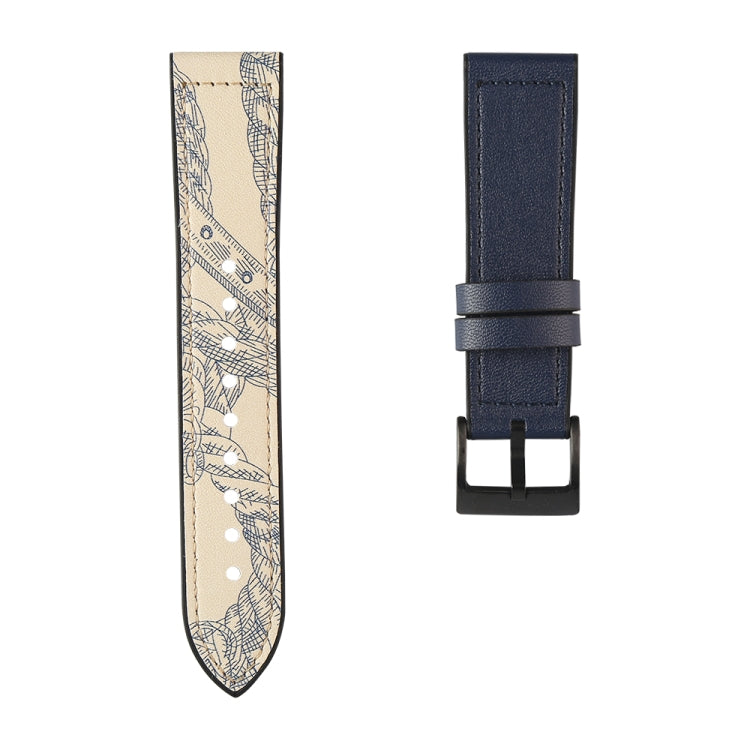 Light patterned watchband strap with blue print and dark rectangular buckle