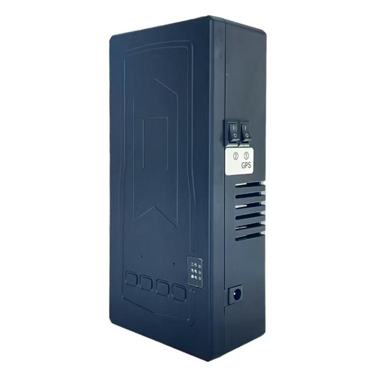 Dark blue signal jammer with side ports and small GPS module attached
