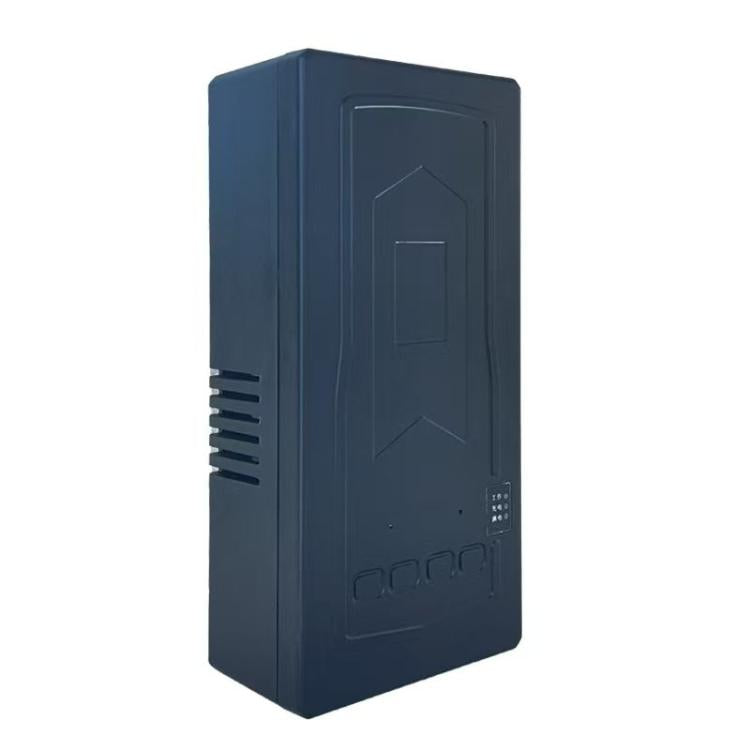 Dark blue signal jammer side view with vent slots and rear indicator panel
