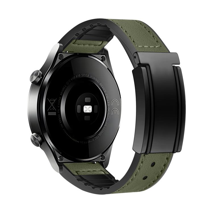 Olive green watch strap with adjustable holes and black T-shaped magnetic clasp