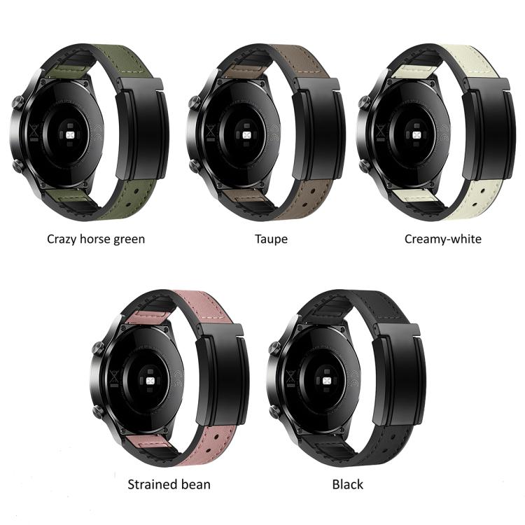 Magnetic-buckle watch bands shown in green, taupe, cream, pink, and black