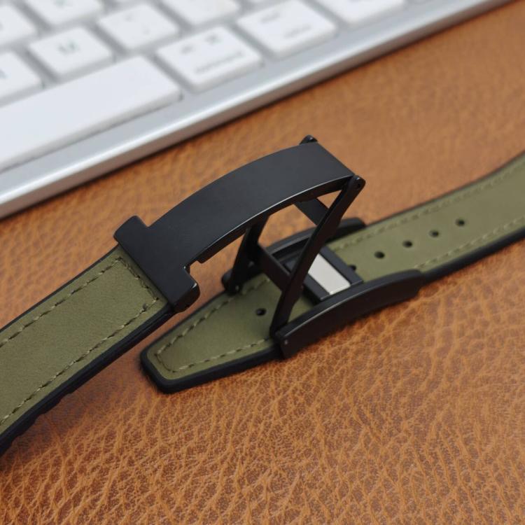 Green watch band with a close-up of its black folding magnetic buckle