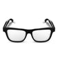 Black smart audio glasses with clear lenses, shown from the front with temples open.