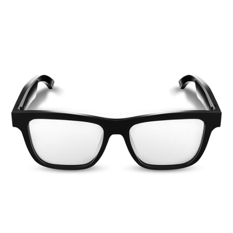 Black smart audio glasses with clear lenses, shown from the front with temples open.