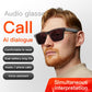 Black smart audio glasses with dark lenses worn by a man.