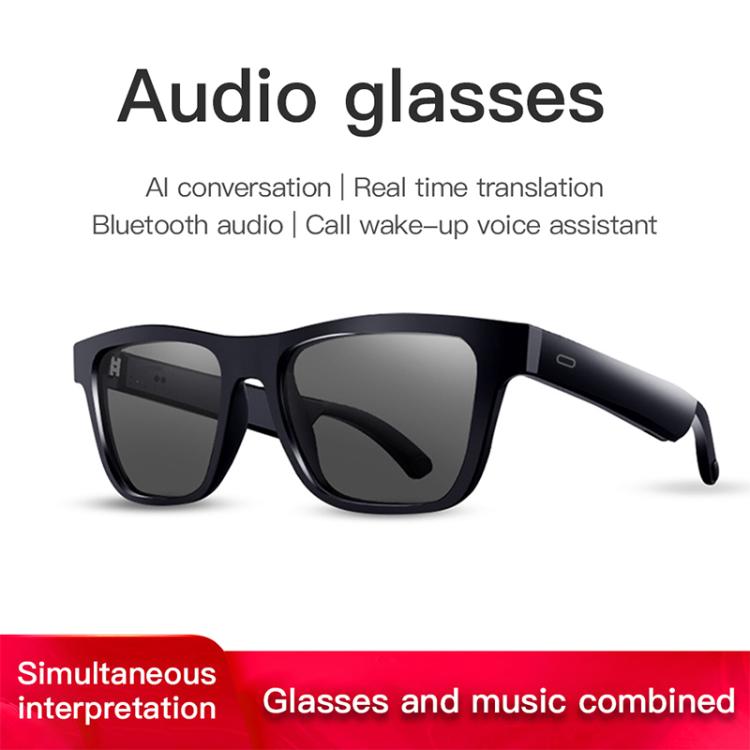 Black smart audio glasses with dark lenses, shown at an angle with an open temple.