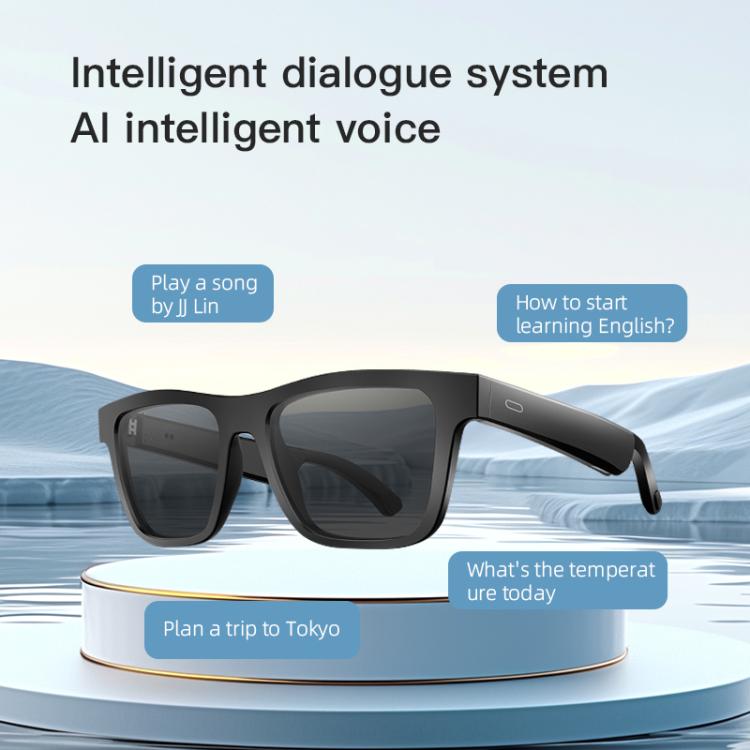 Black smart audio glasses with dark lenses, shown at an angle.