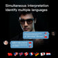 Black smart audio glasses with dark lenses worn by a man during a translation conversation.