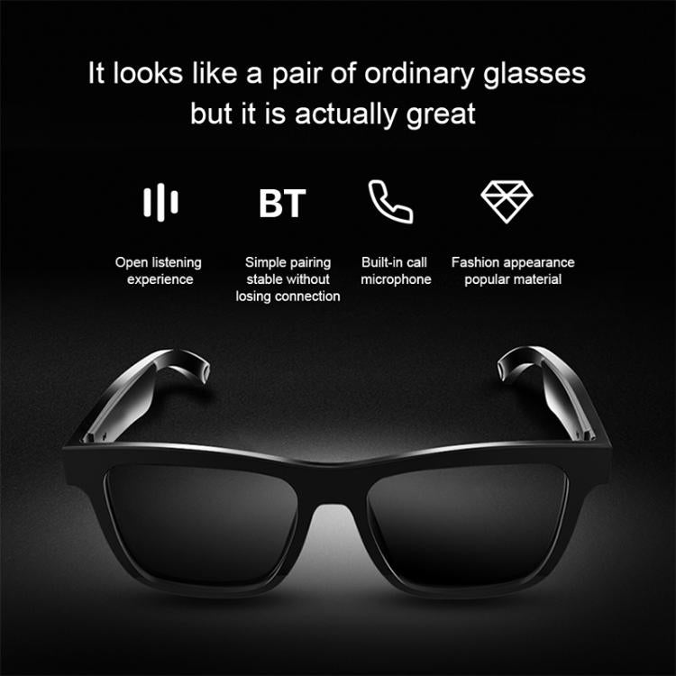 Black smart audio glasses with dark lenses, shown from the front with temples open.