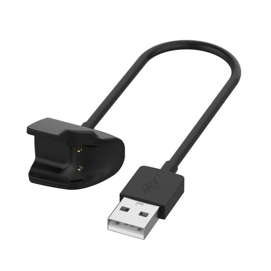 Black smartwatch charging cable with USB-A plug and two-pin cradle