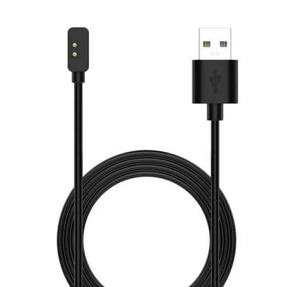 Black xDfind USB-A smartwatch charging cable with two-pin watch connector, coiled