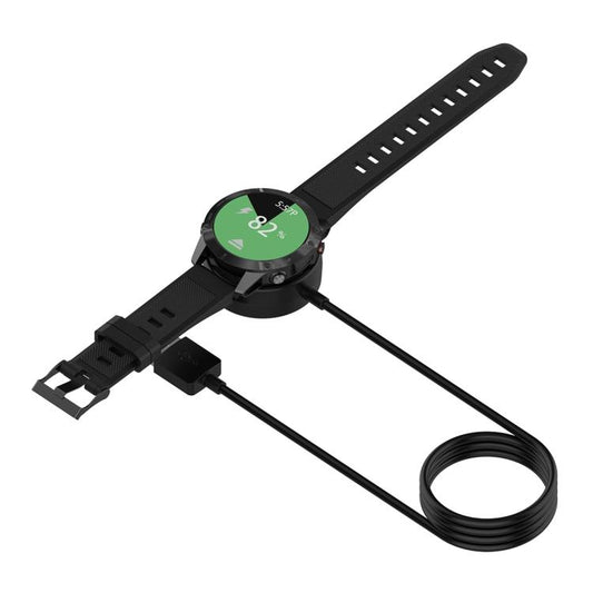 Black USB watch charger connected to a round smartwatch