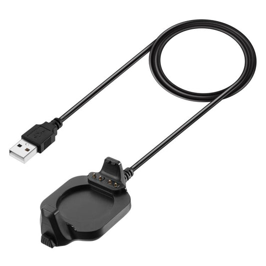 Black USB-A charging cable with an open smartwatch cradle and coiled cord.