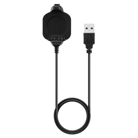 Black USB-A smartwatch charging cable with a cradle connector and coiled cord.