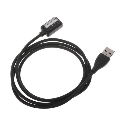 Coiled black smartwatch charging cable with USB-A plug and magnetic connector