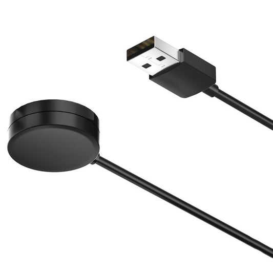 Close-up of the black charging cable's USB-A plug and magnetic charging puck