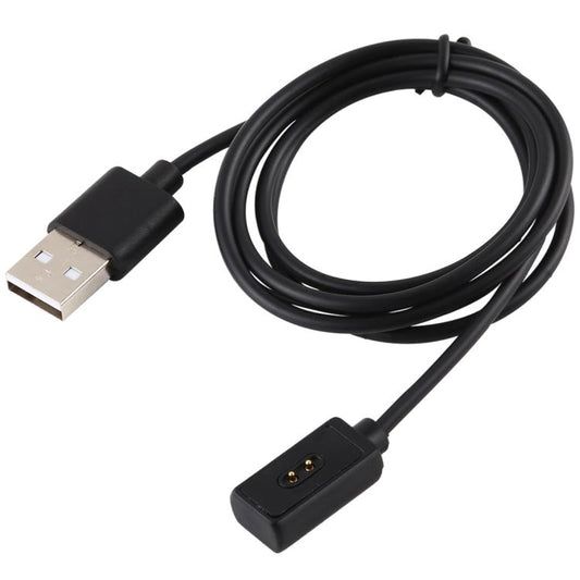 Coiled black USB watch charging cable with USB-A plug and two-pin connector