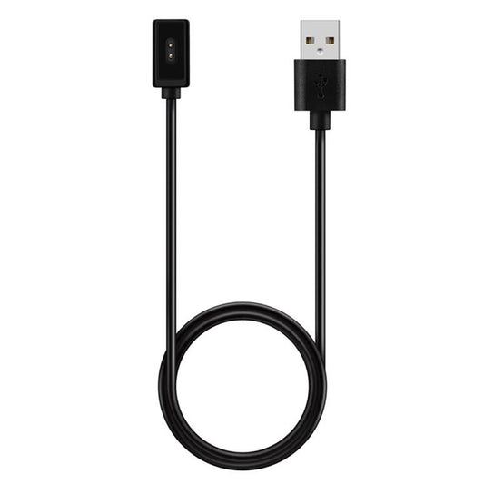 Black USB watch charging cable with USB-A plug and two-pin magnetic connector