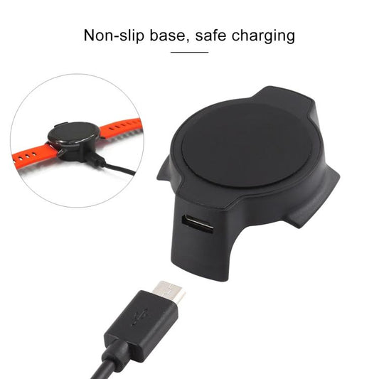 Black smartwatch charging cradle with non-slip base and micro-USB cable