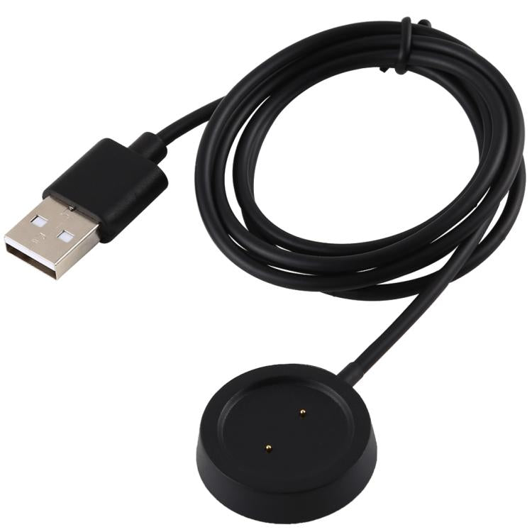 Coiled black smartwatch charging cable with round two-pin dock and USB-A plug