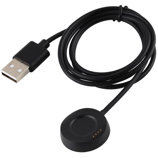 Coiled black smartwatch charging cable with magnetic dock and USB-A plug