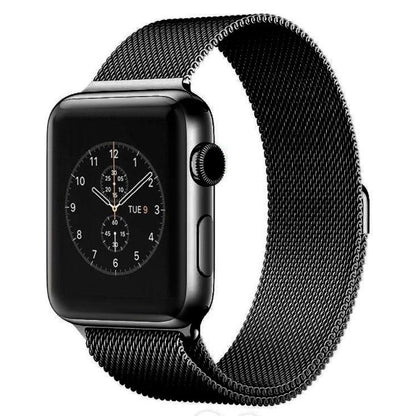 Black Milanese metal watch band fitted to a black smartwatch