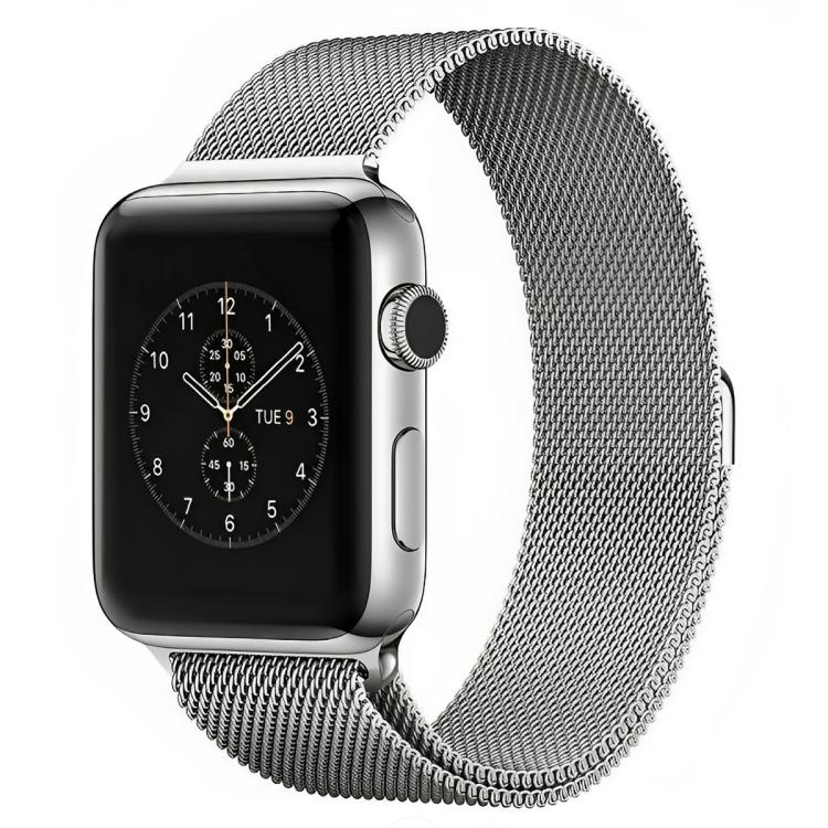 Silver Milanese loop metal watch band shown on a black smartwatch