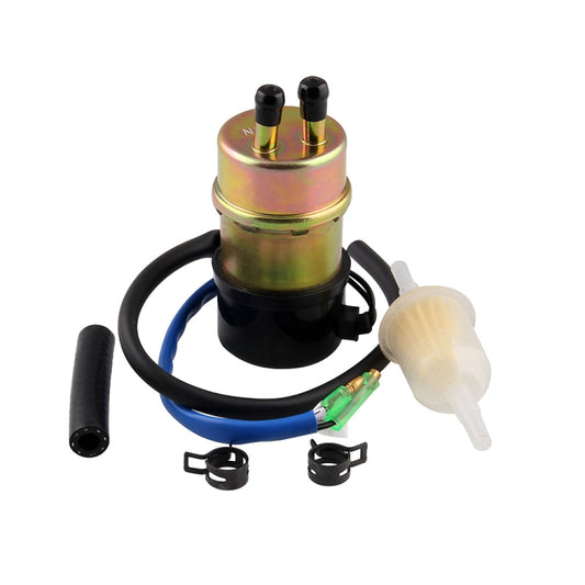 12V electric fuel pump with black wiring, blue hose, and translucent fuel filter