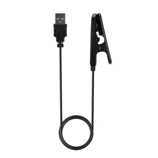 Black watch charging clip and USB-A cable, shown upright with the clip open