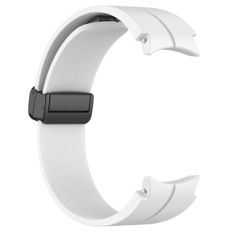 White silicone Samsung watch band with black magnetic buckle, shown curved