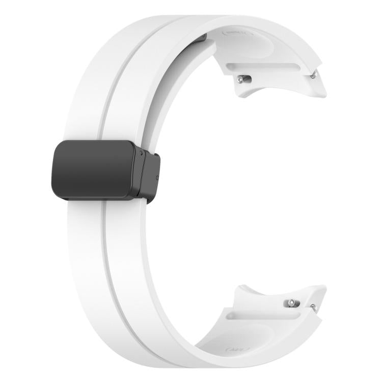 Back of white silicone Samsung watch band with black magnetic buckle