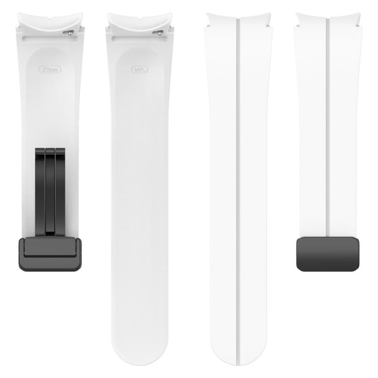 White silicone Samsung watch band shown as separate strap sections with black buckle
