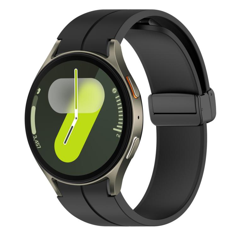 Black silicone Samsung watch band with magnetic buckle on a smartwatch