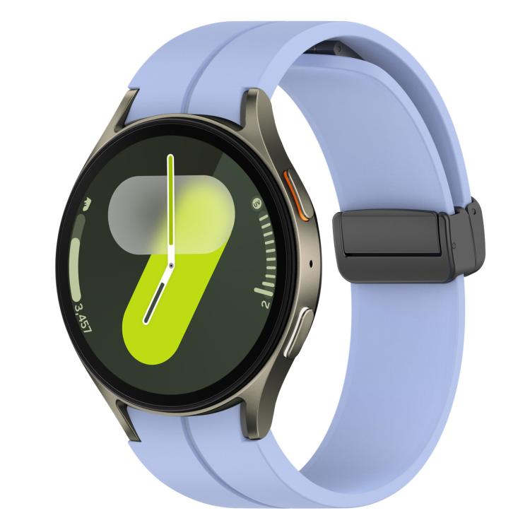 Light purple silicone Samsung watch band with black magnetic buckle on a smartwatch
