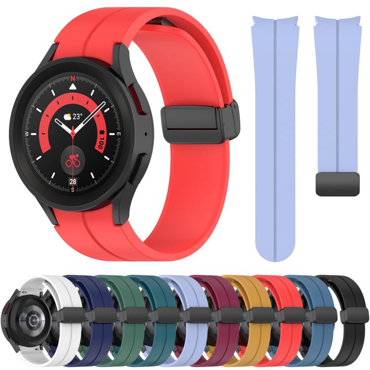 Red silicone watch band with black magnetic buckle, shown with spare band pieces and color options
