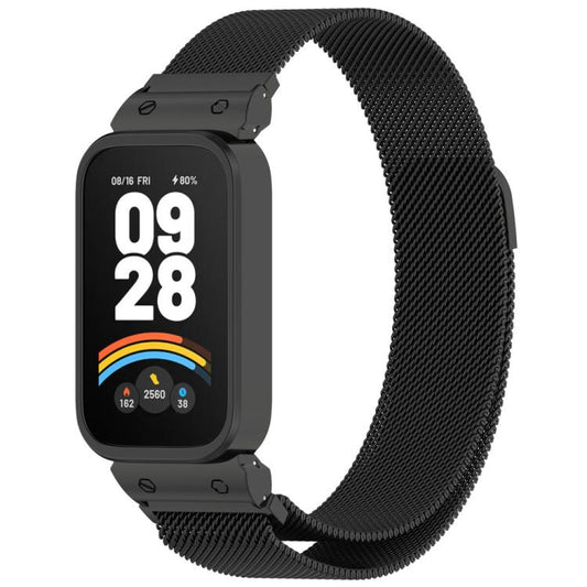 Black metal mesh watch band with an integrated frame, shown attached to a rectangular watch