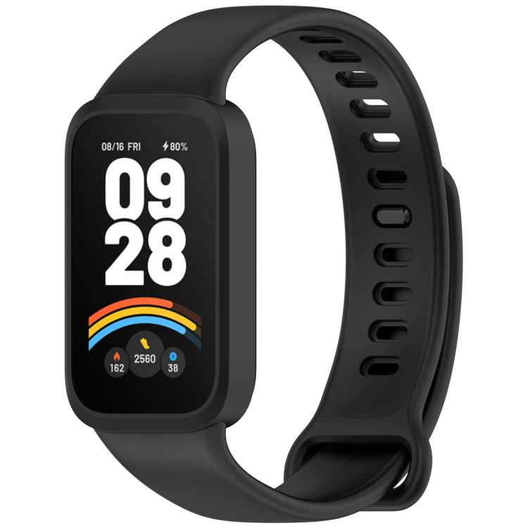 Black silicone watch band with fitness tracker and perforated adjustable strap
